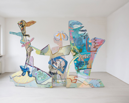 Cardboard, oilpastels both sides, steel, lacquer, 234 x 340 x 70 cm, 92 x 133.8 x 27.55 in., 2012