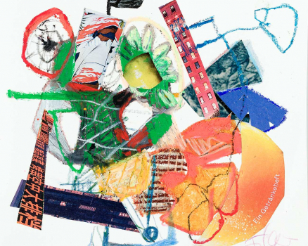 Oil pastel, collage on paper, 20 x 20 cm, 8 x 8 in.