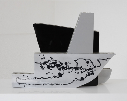 As the ship of my own life sails from port to port, docking to make splendid memories before moving on, I continue approach life with a passion to find out what new aspect is next. I don’t know what truths I might find, or what absolutes might be there waiting. I only know every journey leaves me more excited than the last to uncover what I have not yet seen. It is the lure of uncharted waters that excites me, even more than the destination to which they lead.
Aluminum, silkscreen ink, mirror foil, layquered, 45 x 50 x 15.6 cm, 18 x 20 x 6 in., 2016